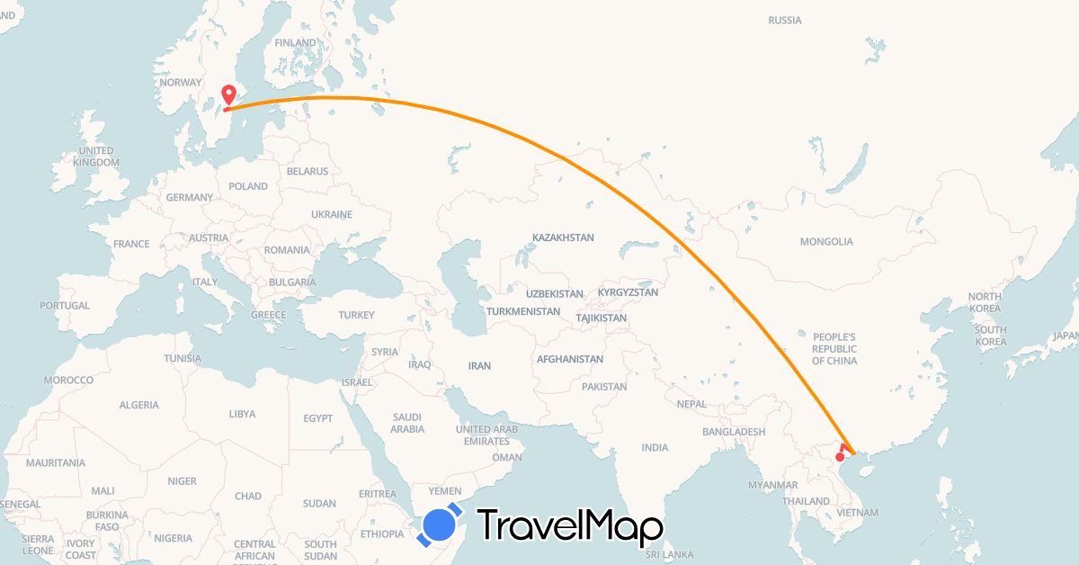 TravelMap itinerary: hiking, hitchhiking in Sweden, Vietnam (Asia, Europe)